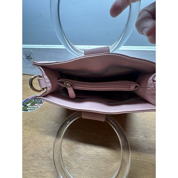 LC Lauren Conrad Pink & Cream Striped Handbag with Clear Ring Handles - Picture 3 of 8